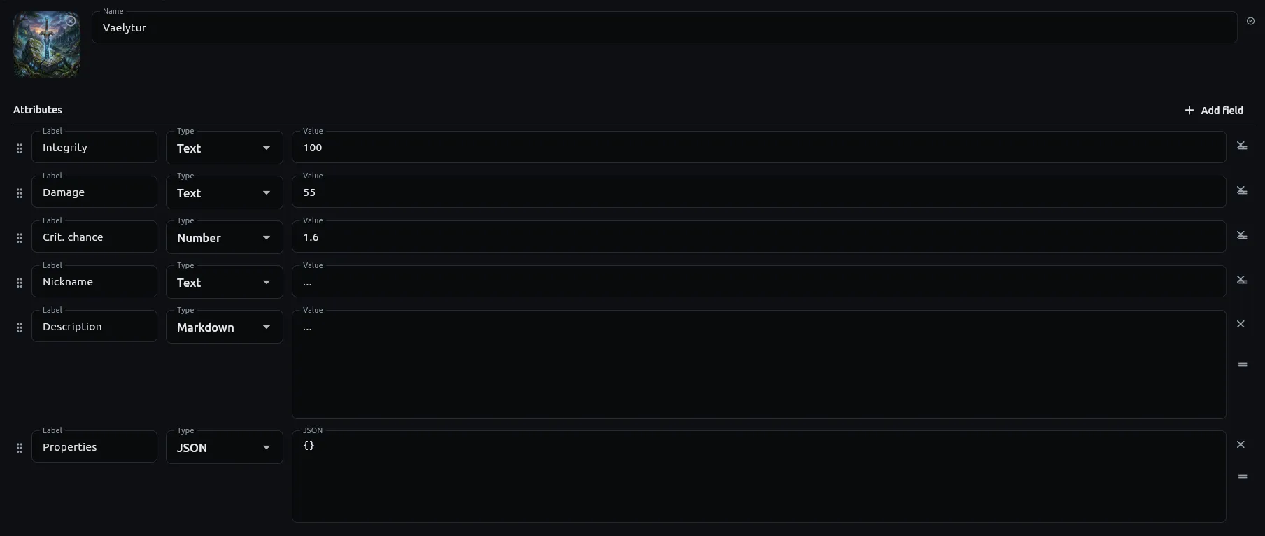 A component with its typed attributes