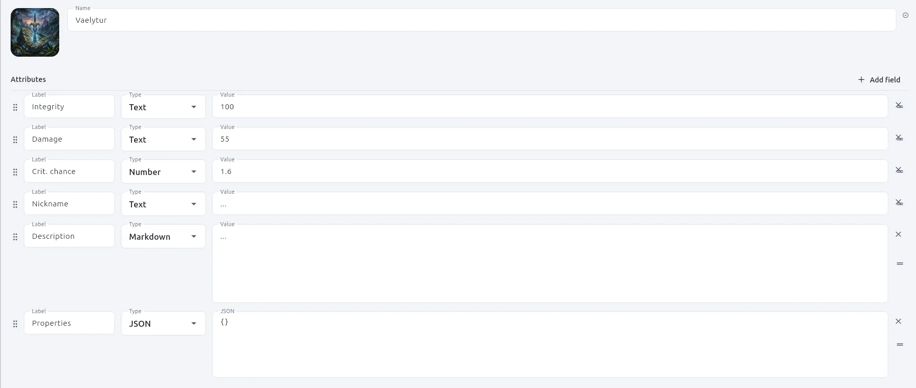 A component with its typed attributes