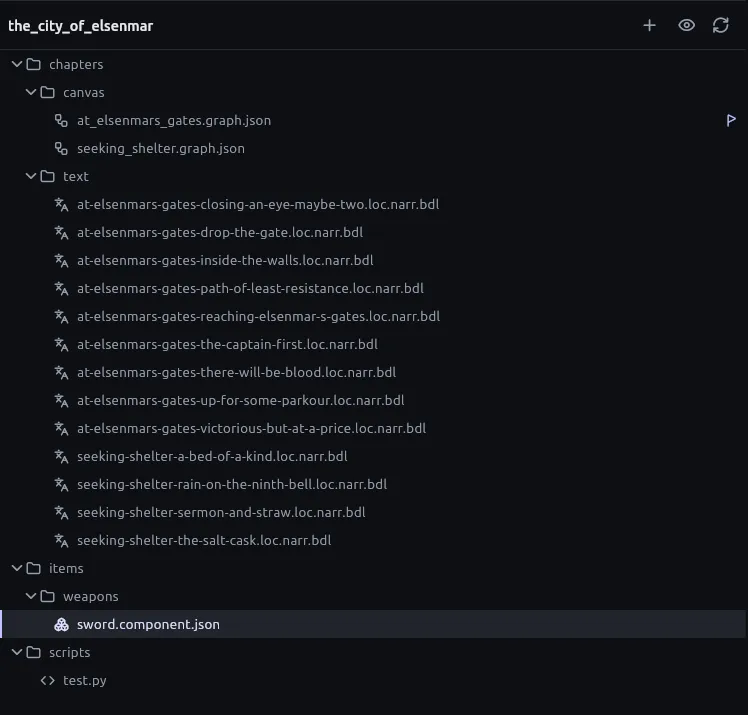 The project as a folder: the file tree beside an open passage