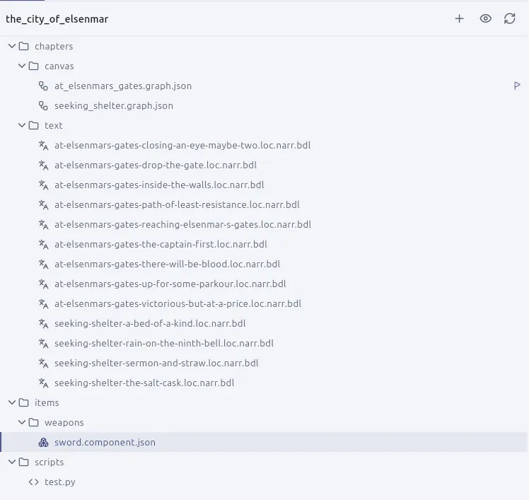 The project as a folder: the file tree beside an open passage