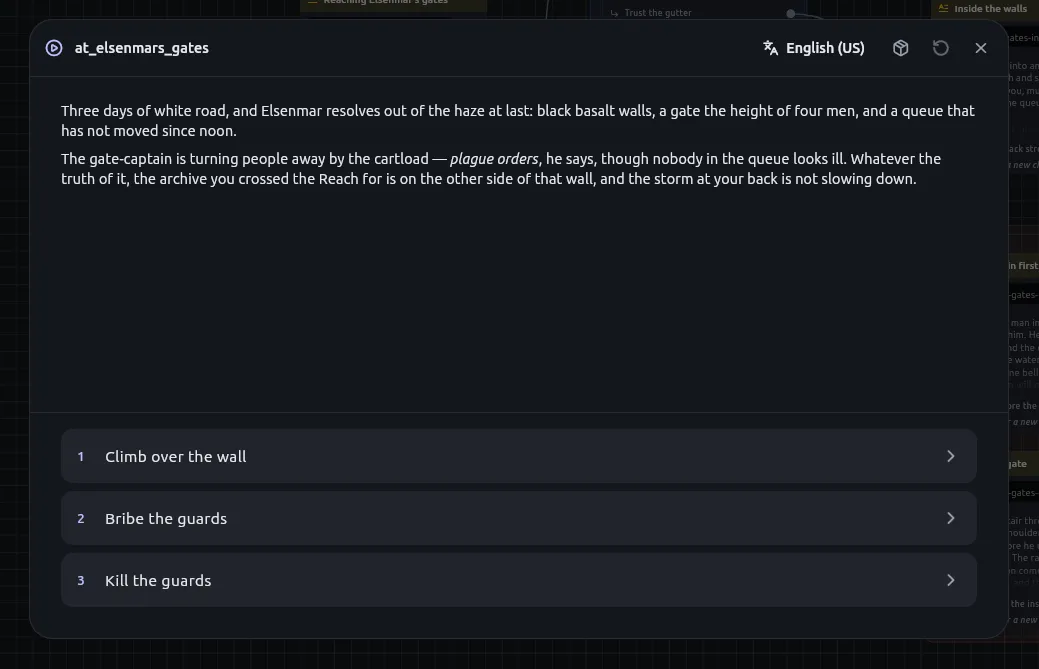 A story being played: rendered prose above a list of choices