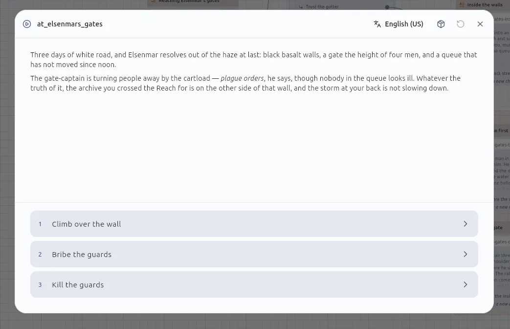 A story being played: rendered prose above a list of choices