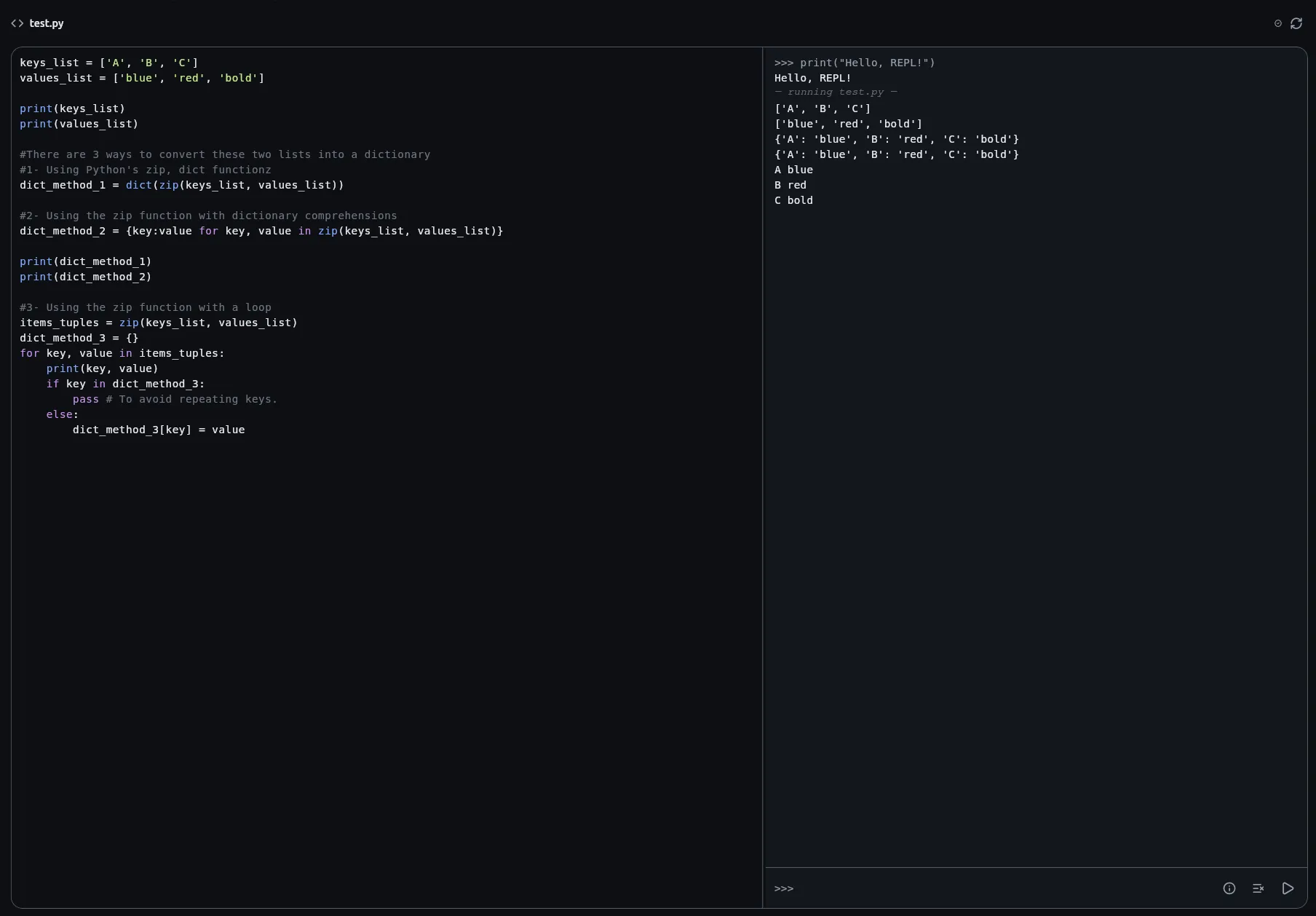 The Python editor, source on the left and an interactive console on the right