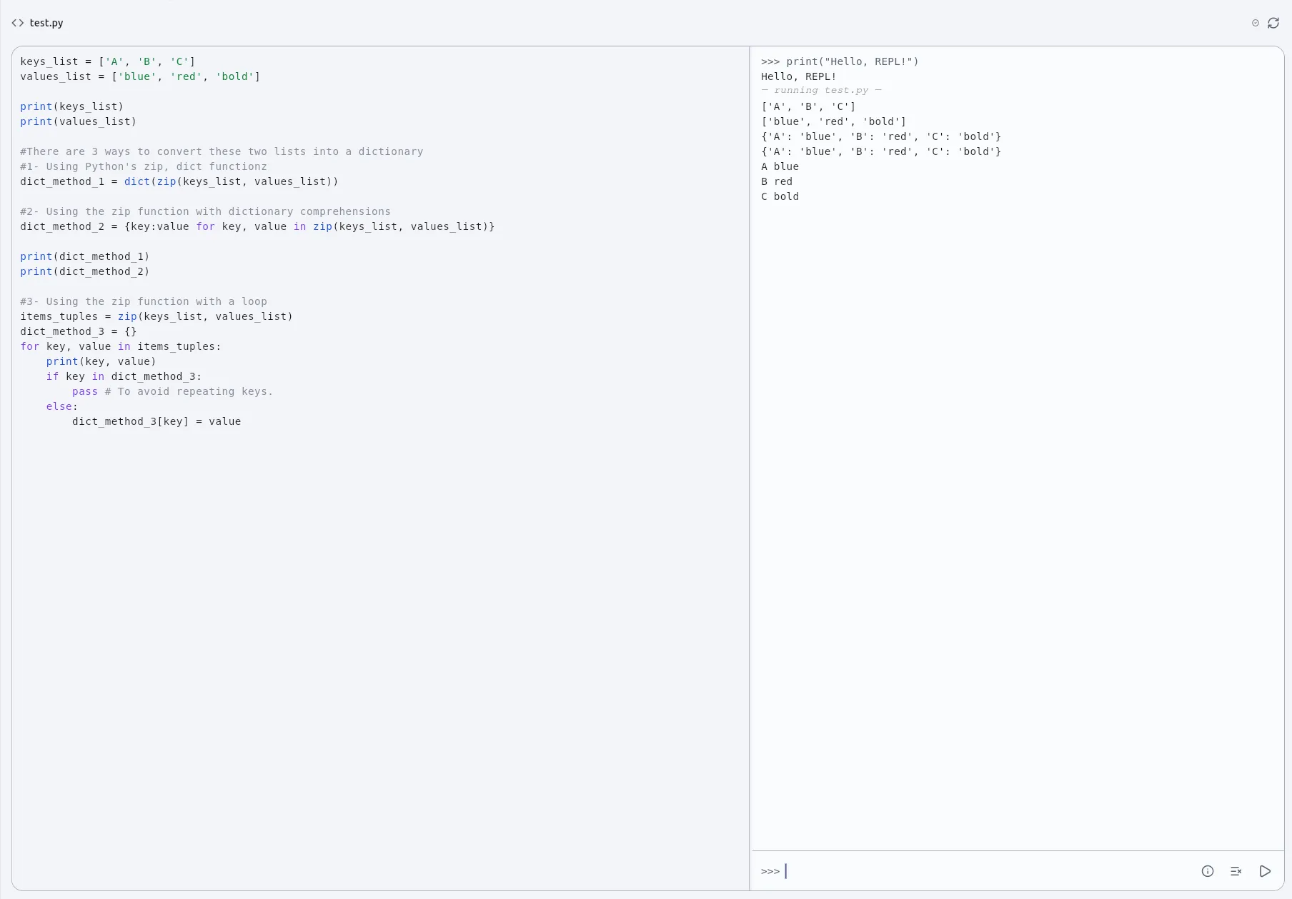 The Python editor, source on the left and an interactive console on the right